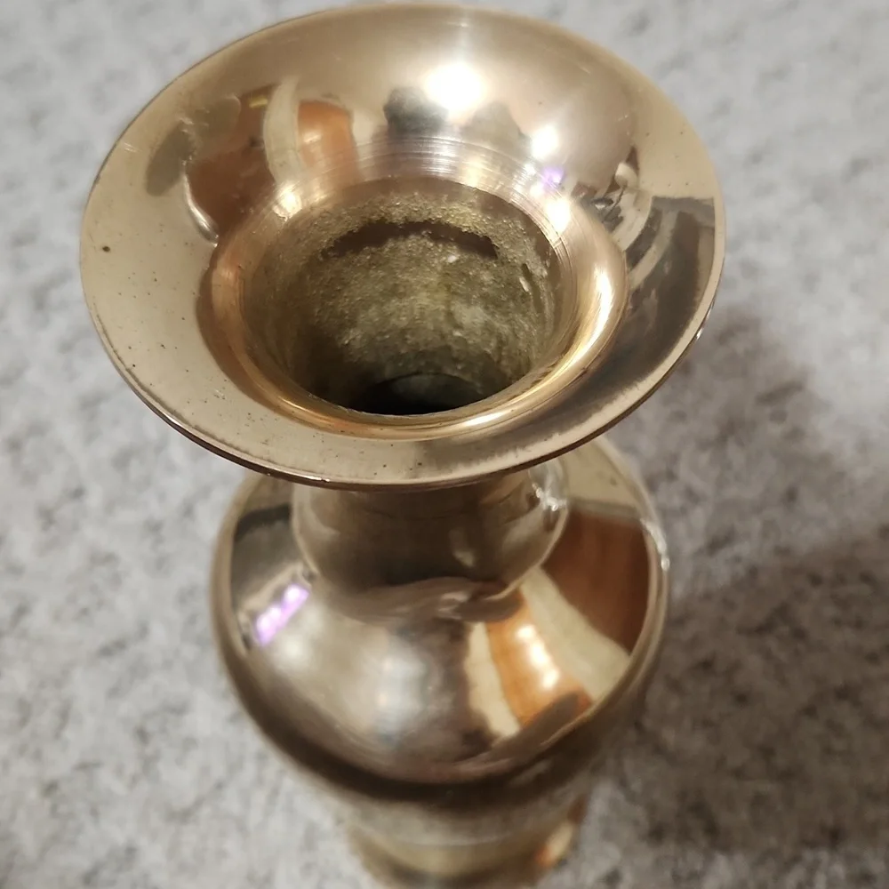 Vintage Elegant Golden Brass Vase and Candlestick Holder With Handle Set